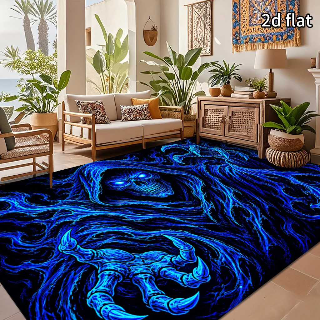 1pc Vintage Abstract Sparkling Blue Skull Pattern Area Rug, 2D Flat Design, Non‑Slip, Machine‑Washable, Lightweight Soft & Easy