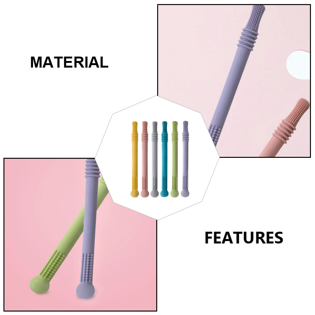 

6 Pcs Hollow Baby Teething Straw Newborn Molar Toy Soft Food Grade Silicone Comfortable Grip Multiple Angles Bite for Infants