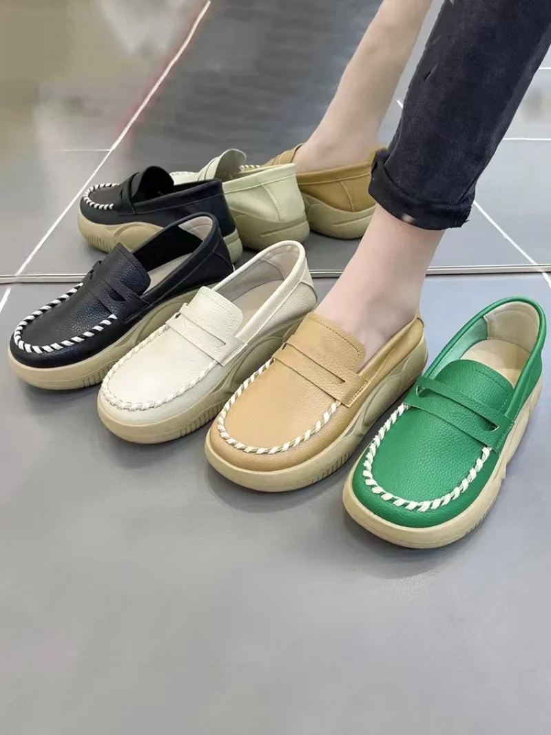 Casual Thick-Bottom Loafers Shoe for Women 2024 Spring/Autumn Round Toe Slip-on Comfortable Soft-soled Low-top Oxford Shoes