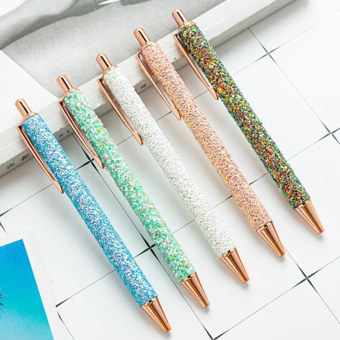 

20pcs Press Metal Golden Onion Powder Ball Cute Cartoon Multicolor Sequin Press Ball Pen