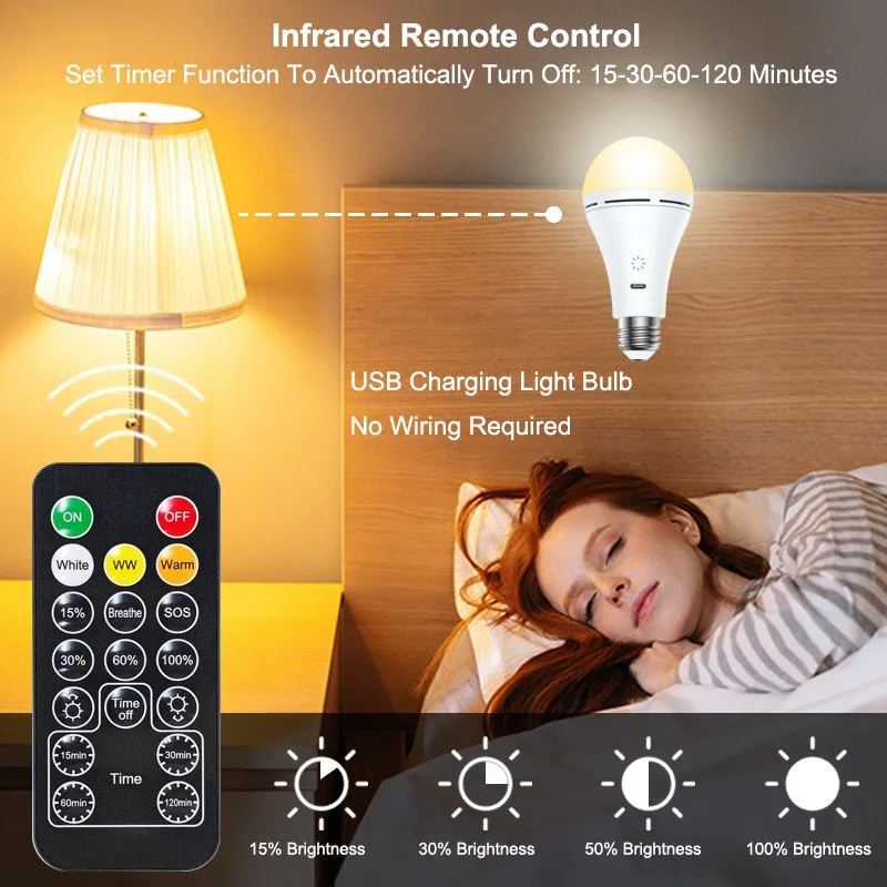 ZAOXI E26 9W RGBWW USB Charging Bulb Light Touch Control Dimming 3 Color Temperature Remote Control Timing 3000K-6000K LED Bulb