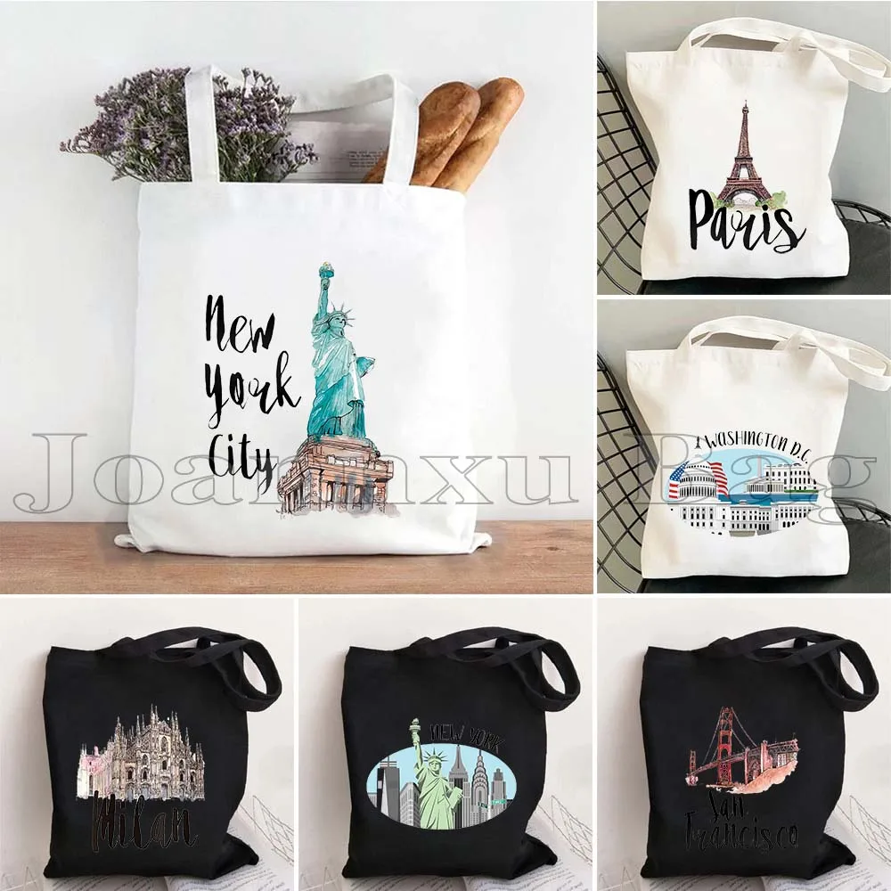 Seattle Miami Chicago Paris Milan New York Moscow Los Angeles Tajmahal San Francisco Netherlands Skyline Cotton Tote Bag Handbag