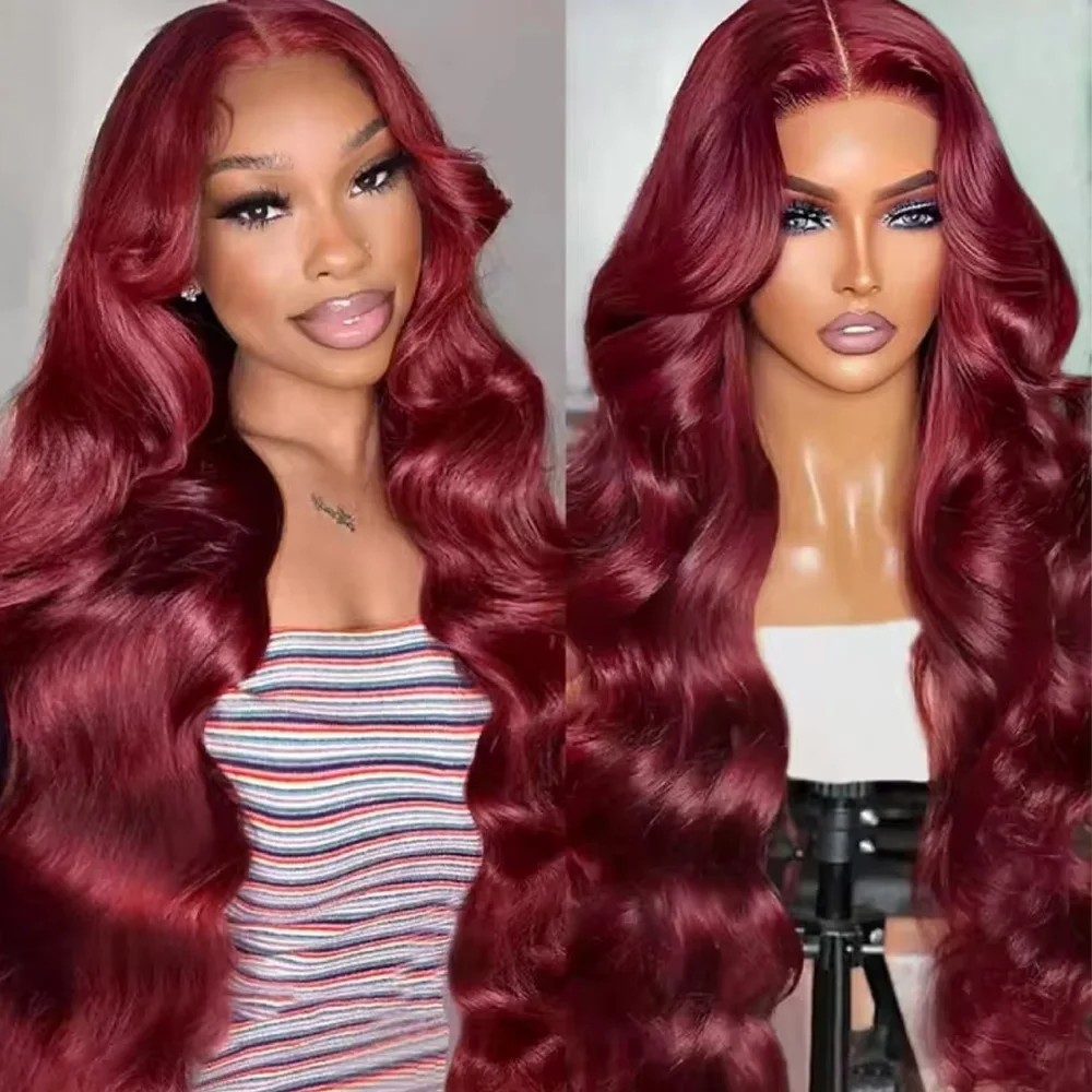 

34-дюймовый 99j бордового цвета Объемная волна 13x4 Полностью фронтальный HD Прозрачный парик 360 Кружевные фронтальные парики из человеческих волос для женщин