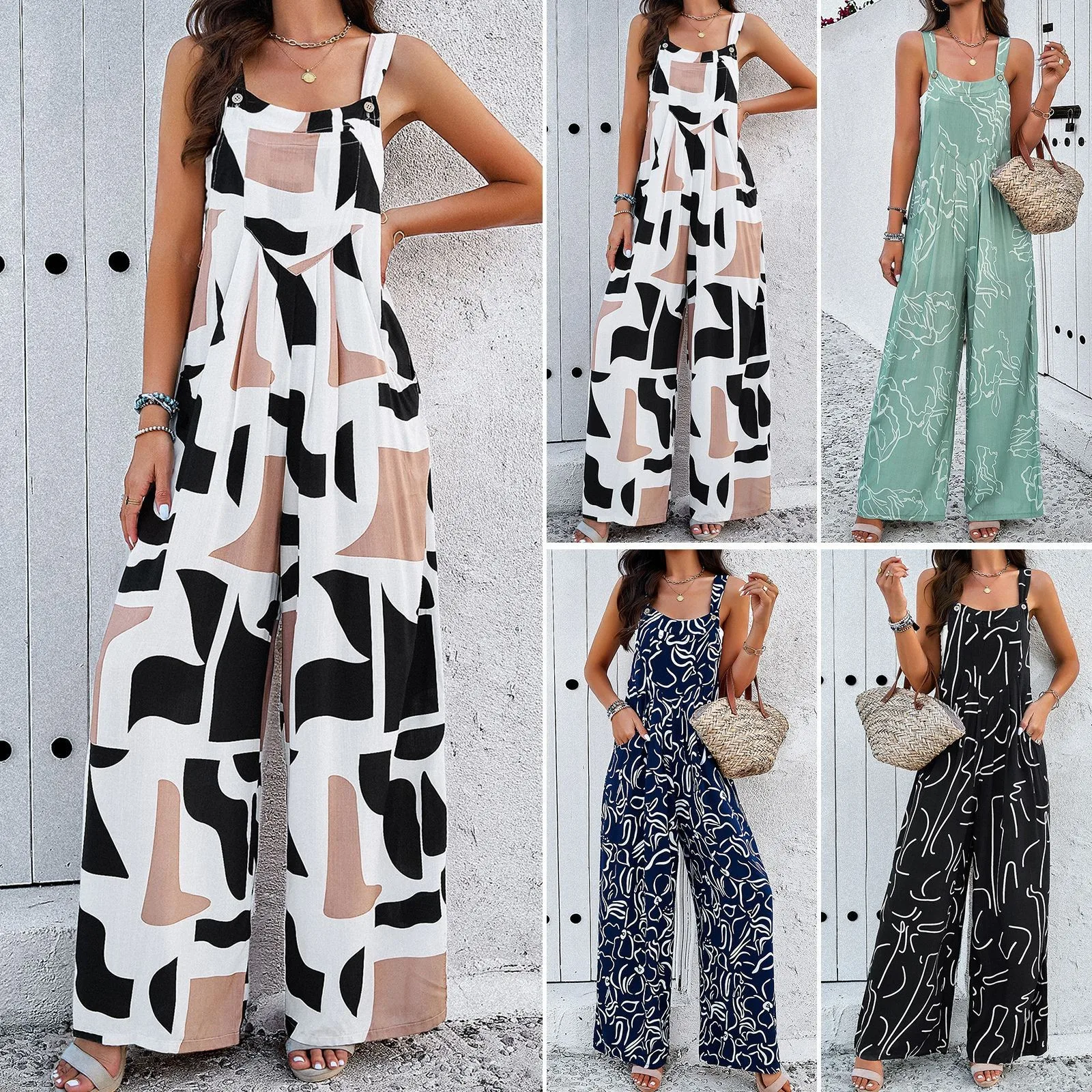 2024 Zomer Nieuwe Modieus Print Wijde Pijpen Jumpsuit Europese Amerikaanse Vrouwen Mouwloze Zakken Playsuit Casual Rompertjes Jumpsuits