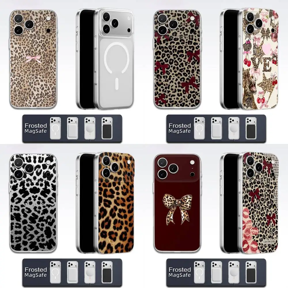 

Fashion Leopard Print Bow Tie Phone Case For iPhone 17,16,15,14,13,12,11,Pro,Max,Plus,E,Air,Mini Magsafe Transparent