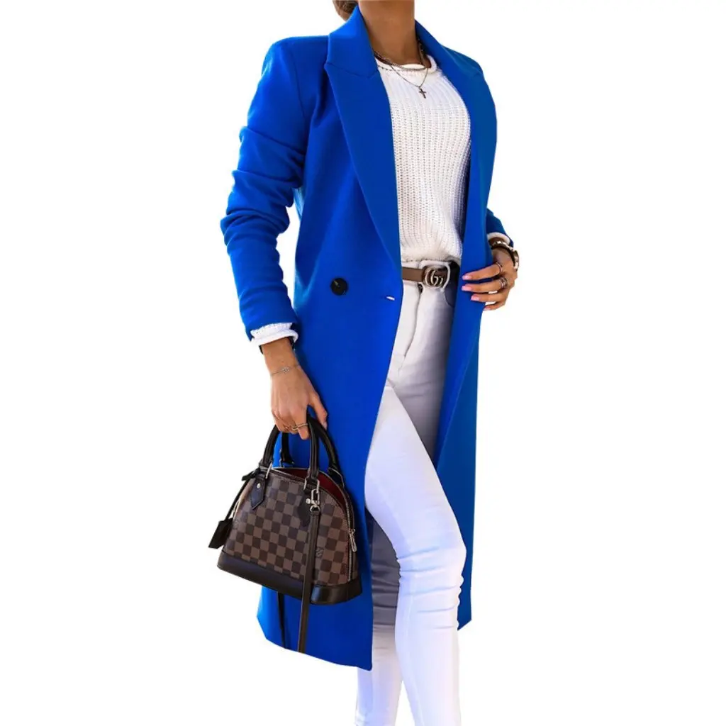 

Women's Long Sleeve Lapel Button Split Woolen Coat Autumn Winter Independent Station European American Style Simple Design