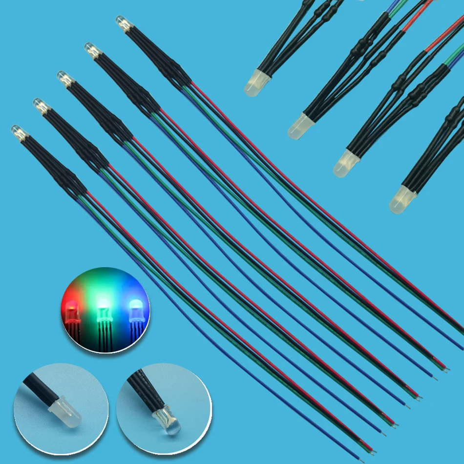 5mm RGB Multicolor LED 20cm Pre-Wired Round RGB Light Emitting Diode DC5-12V 2Pin DIP RGB Common Anode /Cathode LED Beads