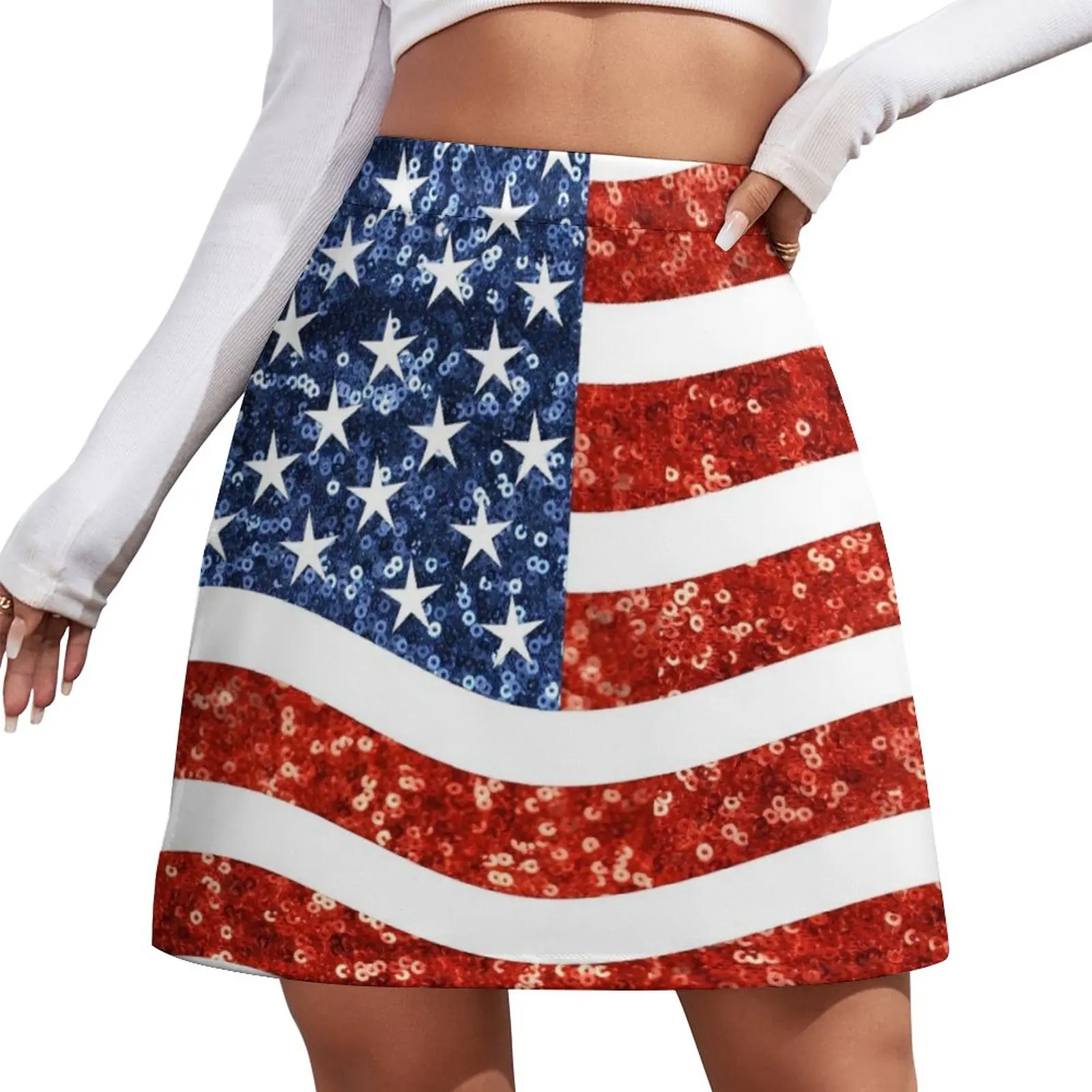 Mini saia com estampa glitter feminina, saia com bandeira americana, estilo coreano, roupas saias