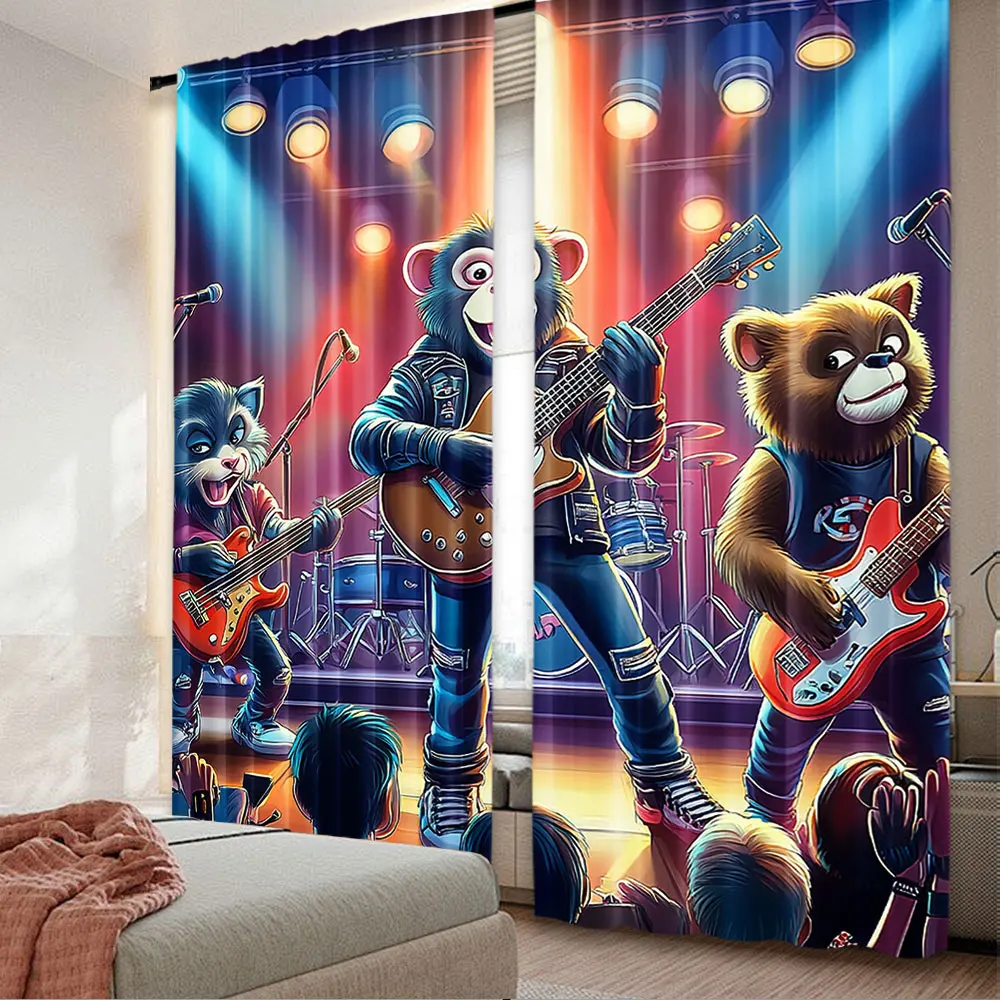 2Pcs Animals Band Curtain Whimsical Concert Monkey With Keyboardist And Guitarist For Bedroom Living Room And Dining Room