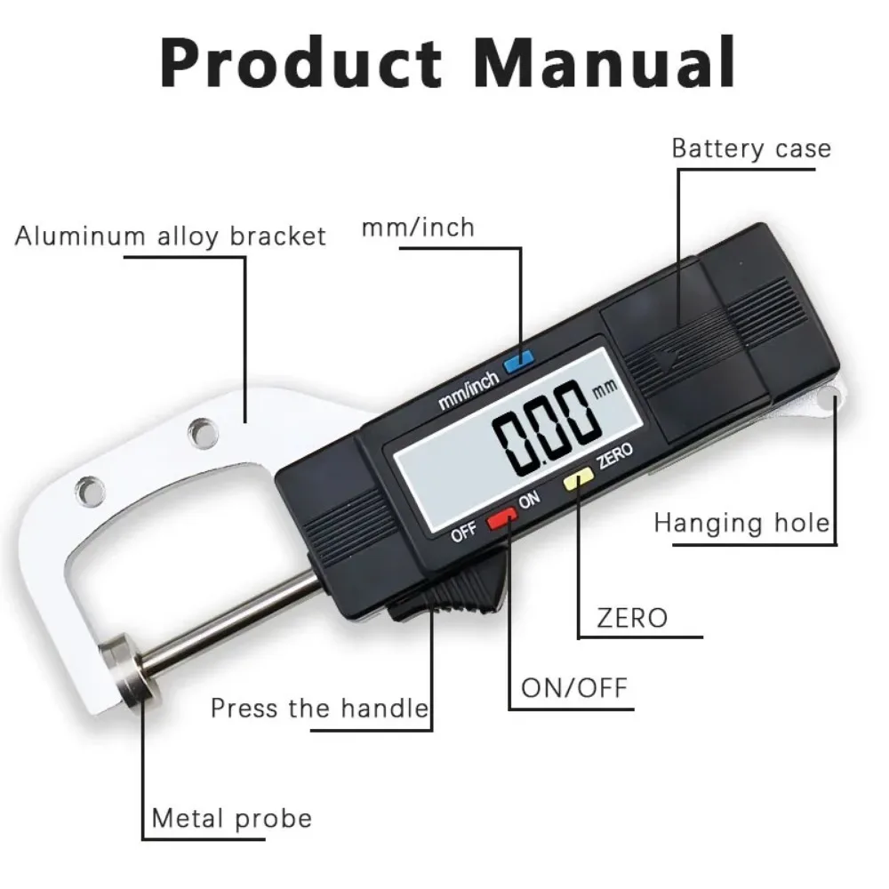 Digital Thickness Gauges Mini Portable Horizontal Electronic Thickness Meter Measurement Tool 0-25.4mm Caliper 0.01mm Resolution