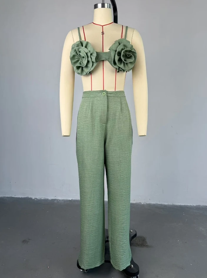 Two Piece Set Women Outfit 2024 Spring Fashion Floral Decor Crop Camisole Top & High Waisted Casual Straight Leg Pants Set