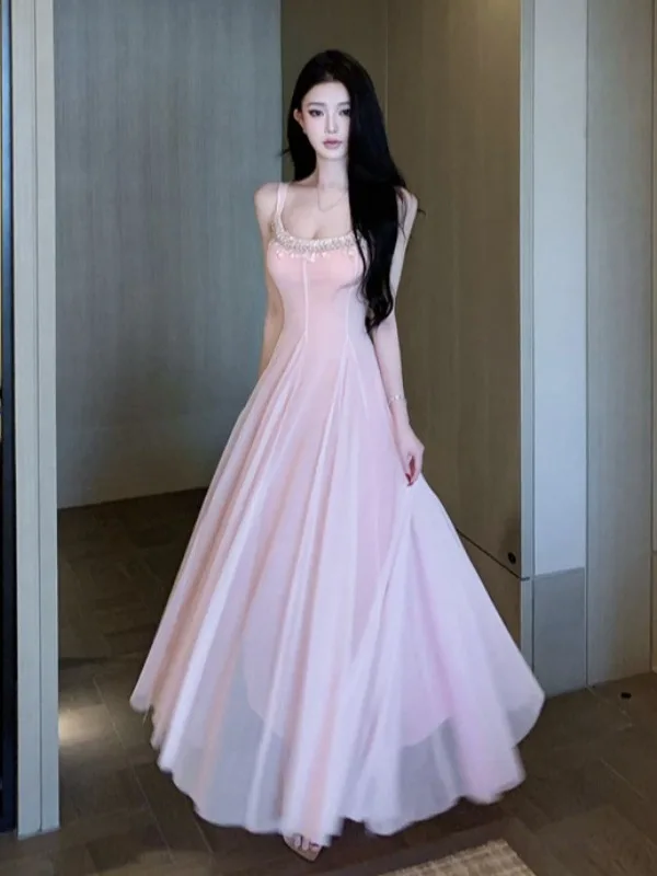 

Summer Beautiful Beach Vacation Style Heavy Work Lace Waist Cinch Maxi Dress A-Line Skirt V-Neck Sleeveless Polyester Fiber