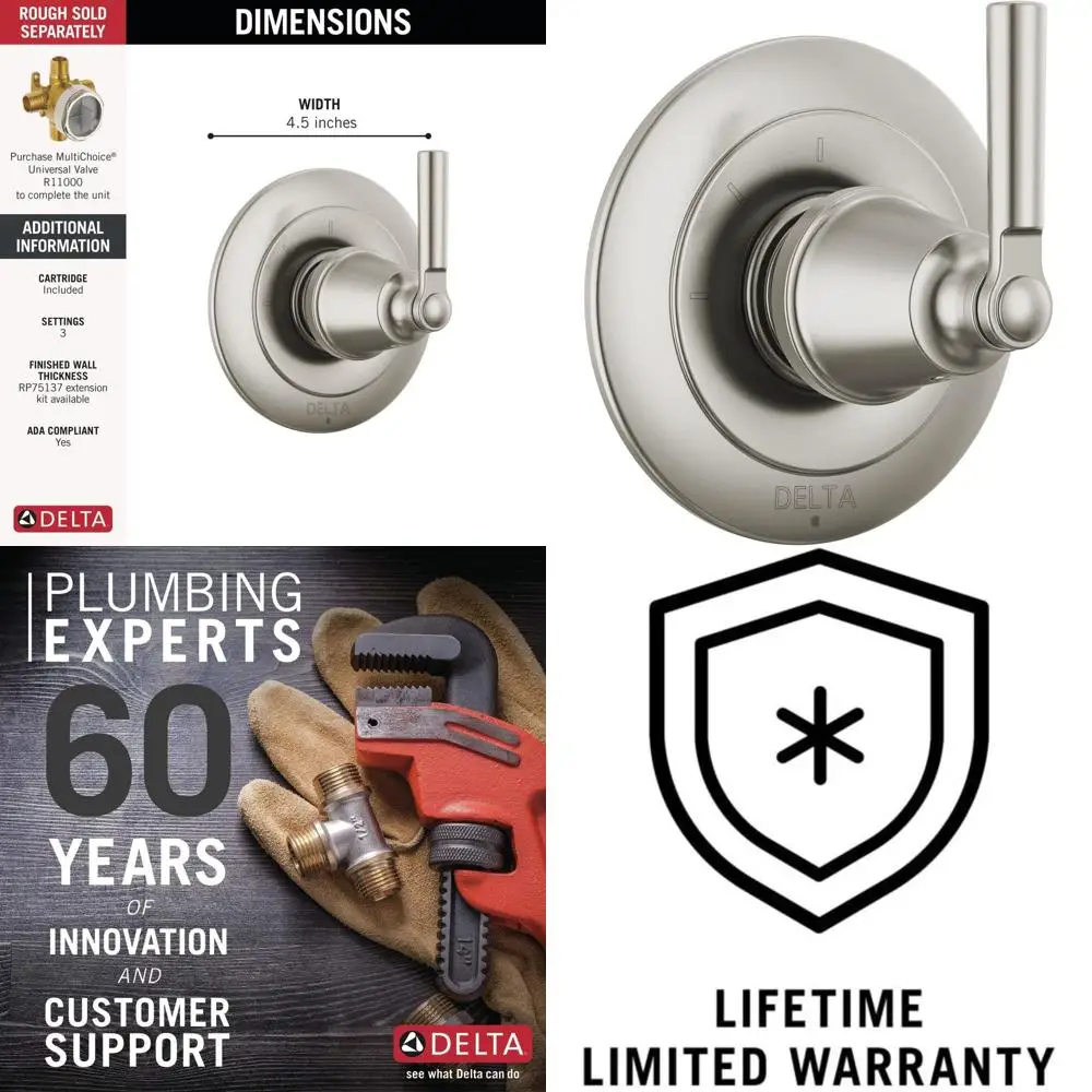 3-Setting Brushed Nickel Shower Handle Diverter Trim Kit, Shower Diverter Kit, StainleT11835-SS (Not Included)