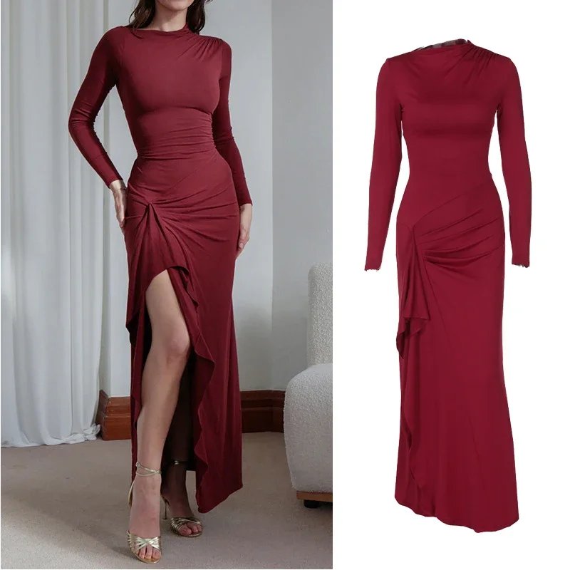 

Sexy Split Maxi Dress Women's Autumn/Winter Elegant New Long Sleeve Fashion Slim Bodycon Back Tie Female Party Long Dresses