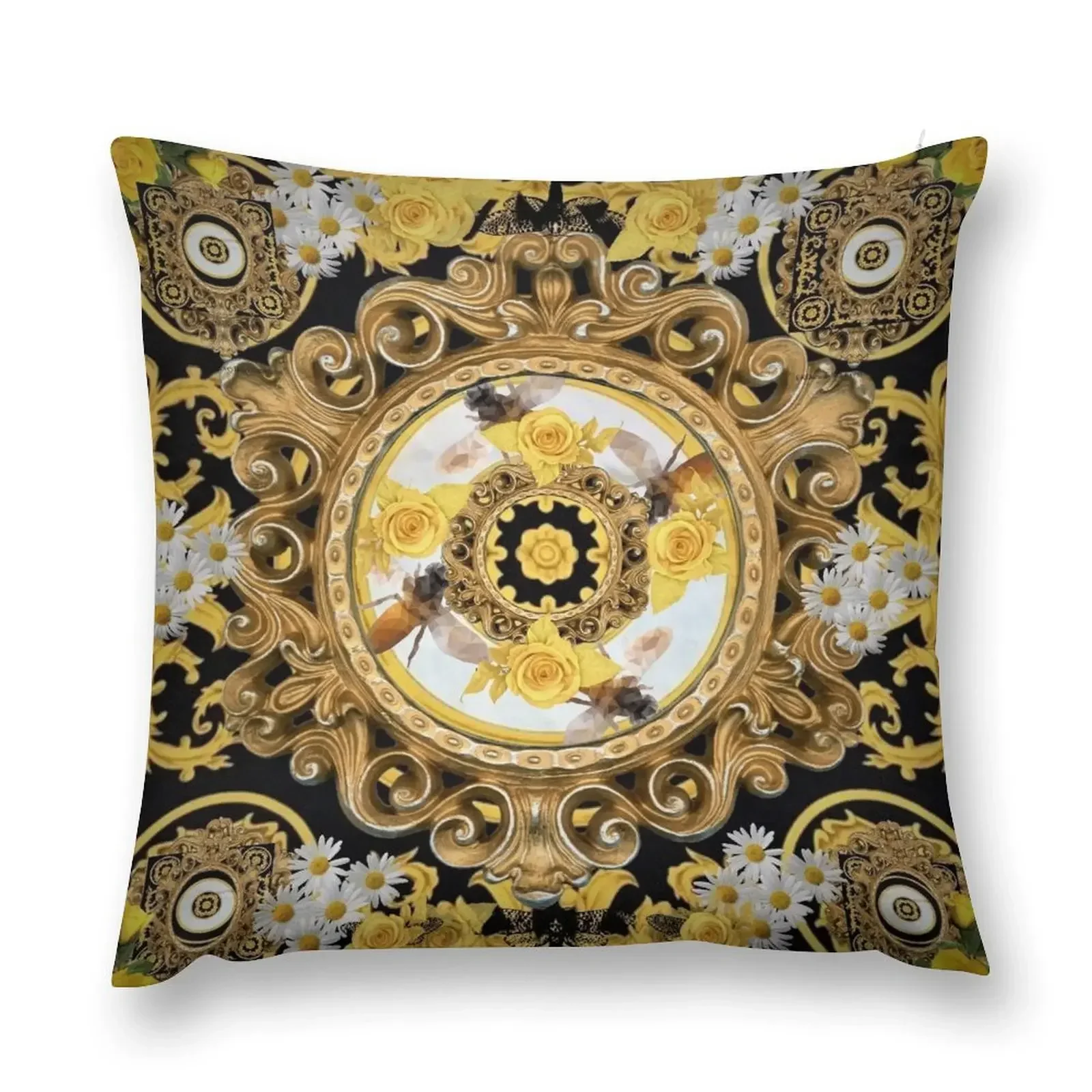 yellow rose and bees vintage kitsch baroque scarf iphone case digital bag print designed by mysticladyart Throw Pillow