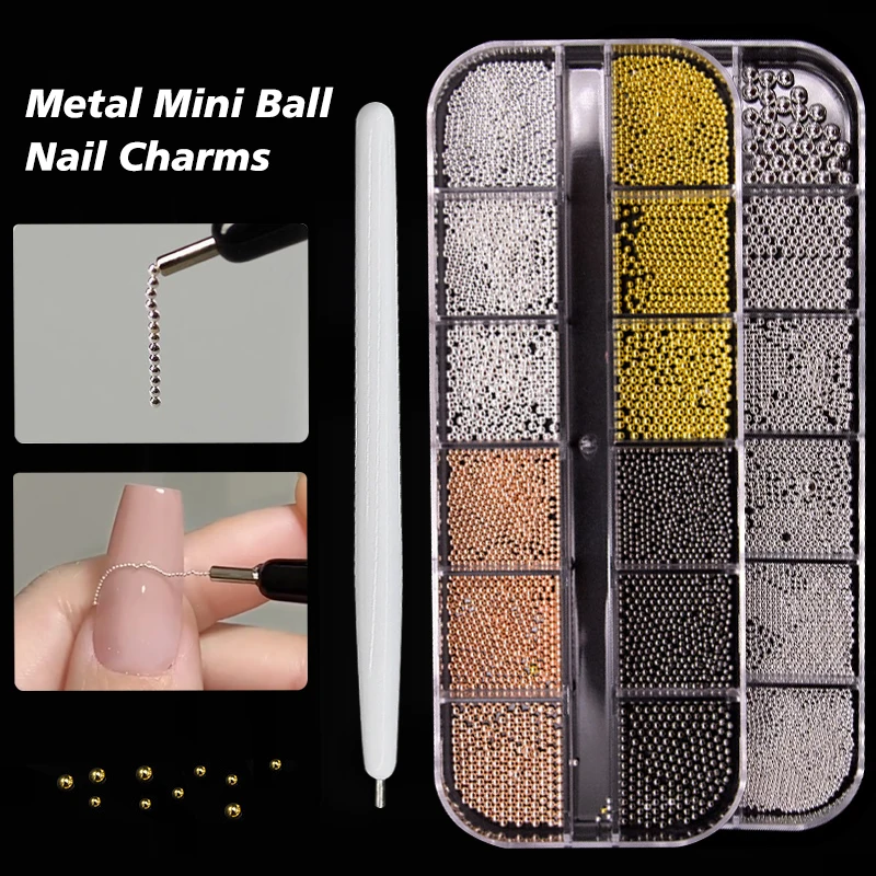 12Grids Mini Caviar Beads Nail Art Decorations Metal Micro Ball Nail Charms Magnetic Pen Gold/Silver 0.8~3mm Ball Nail Jewelry