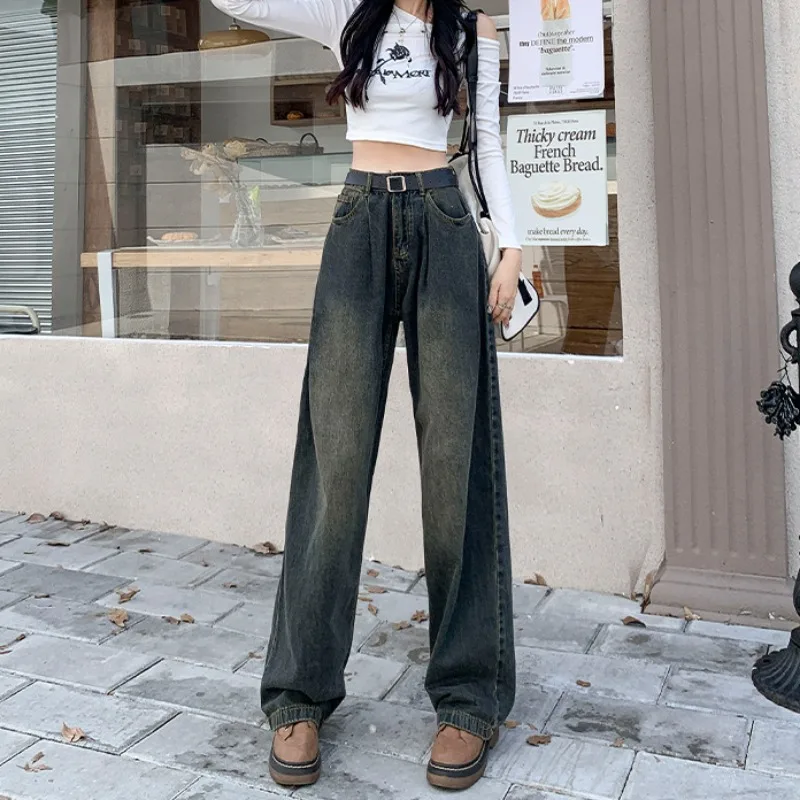 Gray Vintage Jeans Women Wide Leg Straight High Waist Full-length Korean Fashion Washed Do-old Personality Hot Girl Chic Stylish