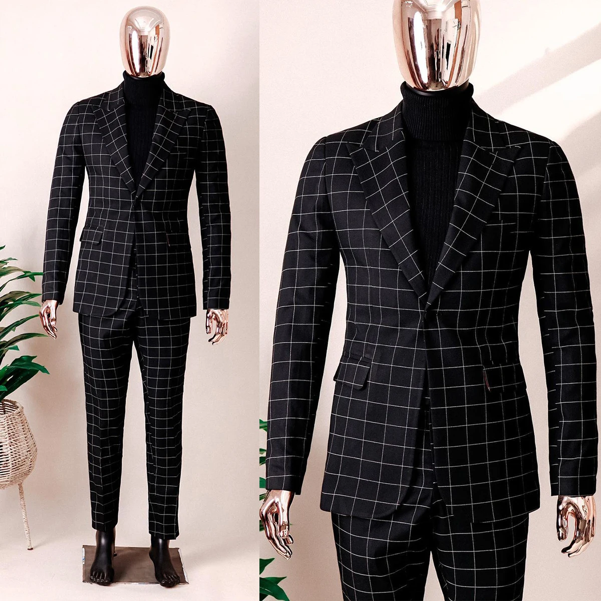 Abiti da uomo smoking White Line Grid risvolto con visiera tasche con un bottone pantaloni Blazer personalizzati 2 pezzi su misura sposo formale Business