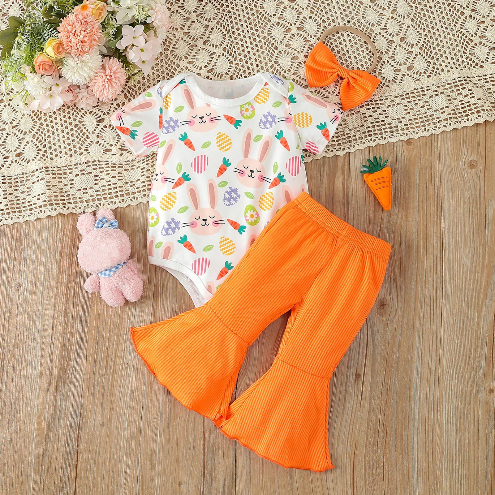 Infant Girls Short Sleeve Outfits Cute Rabbit Prints Romper Bodysuit Bell Bottoms Pants Outfits Girl Bodysuit Set 3 6 9 12 18M