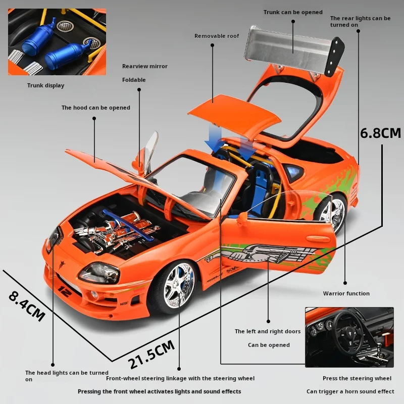 Trendy 1:24 Toyota Supra A80 Diecast Alloy Car Model,6 Openable Doors, Sound&Light, Shock Absorption, Collectible Ornament Gift