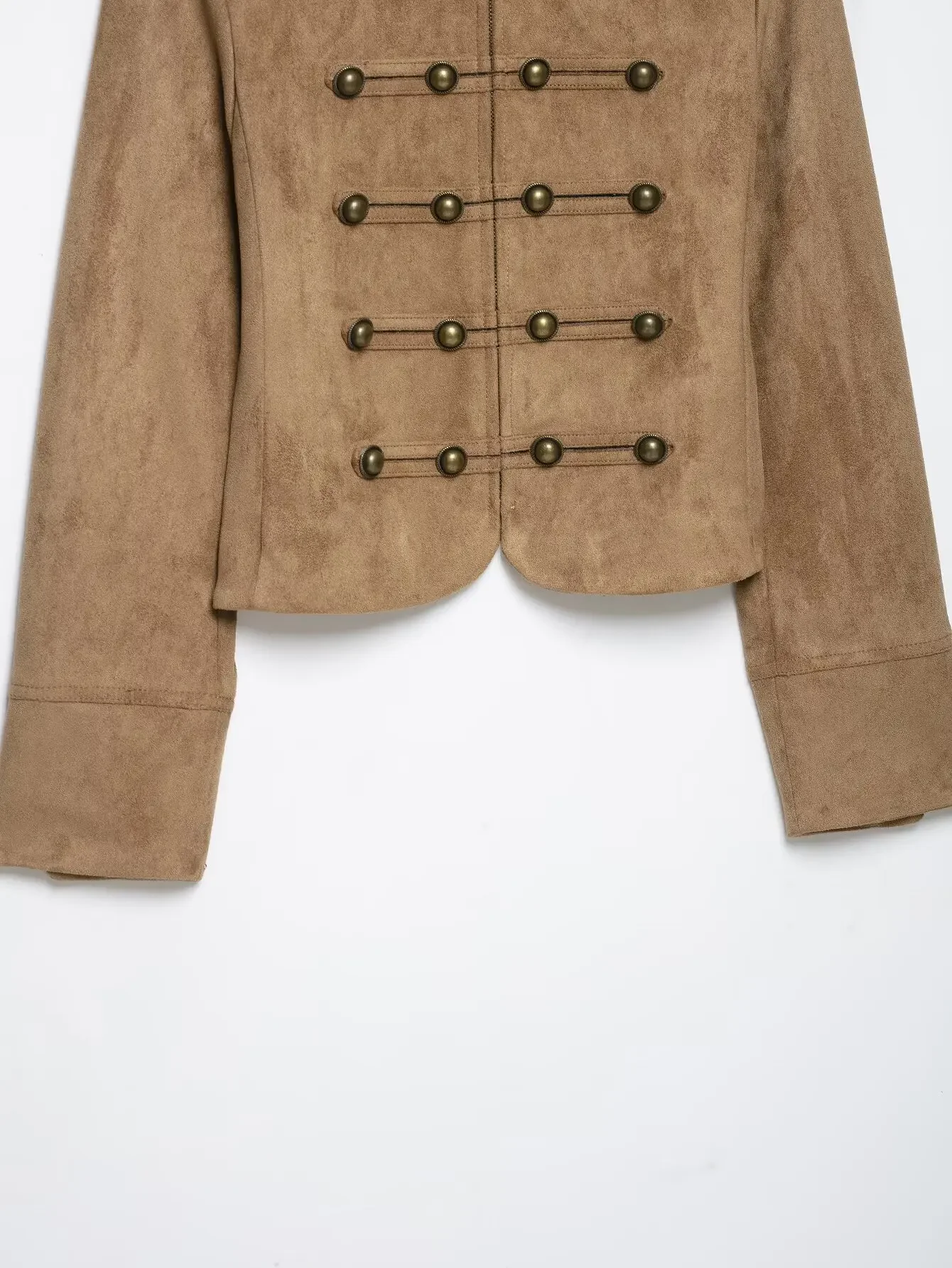 Neu eingetroffene Damen-Slim-Jacke mit Stehkragen, doppelreihigem Verschluss, Metallknopf-Verzierung, Reißverschluss vorne, kurz geschnittene Oberbekleidung, Herbstmode für Damen. – Detail 6