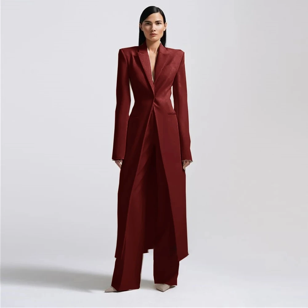 Fashion Beige Women\'s Blazer PantsSuit Peak Lapel Long Coat Wedding Formal Suits Office Lady Jacket Pant 2 Piece
