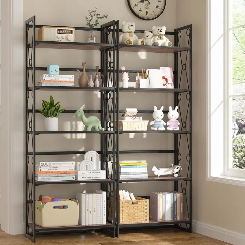 Folding Bookshelf,5 Shelf Bookcase No Assembly, Industrial Metal Frame Shelves Rack Organizer for Living Room, Office