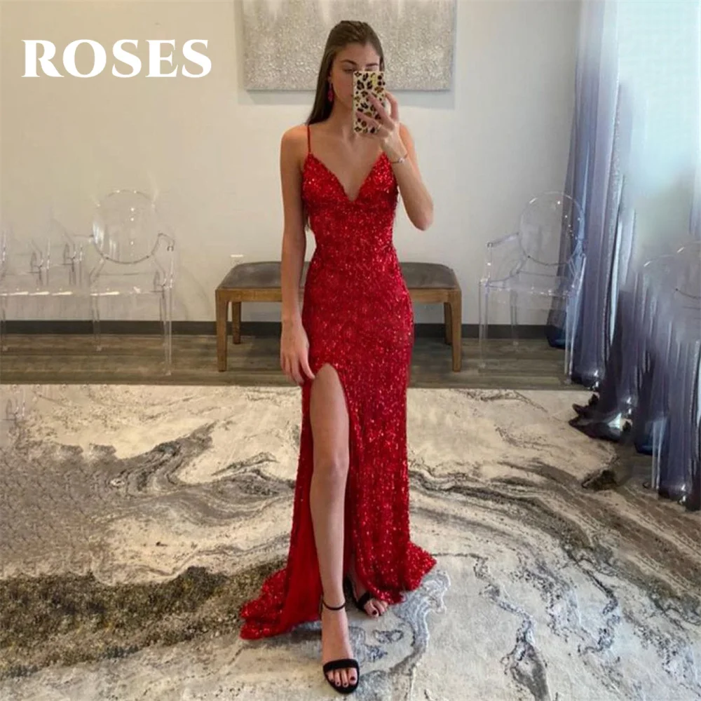 

ROSES Glitter Mermaid Prom Dress V Neck Party Dresses Lace Up Back Celebrity Gown Side Up Wedding Party Dress вечерние платья