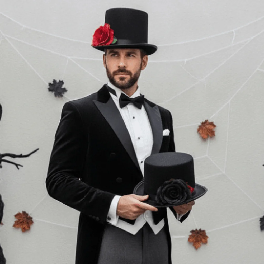Chapeau haut de forme gothique en rose artificielle, noir classique, rouge vibrant, style Fedora de magicien, avec ruban en satin et structure robuste
