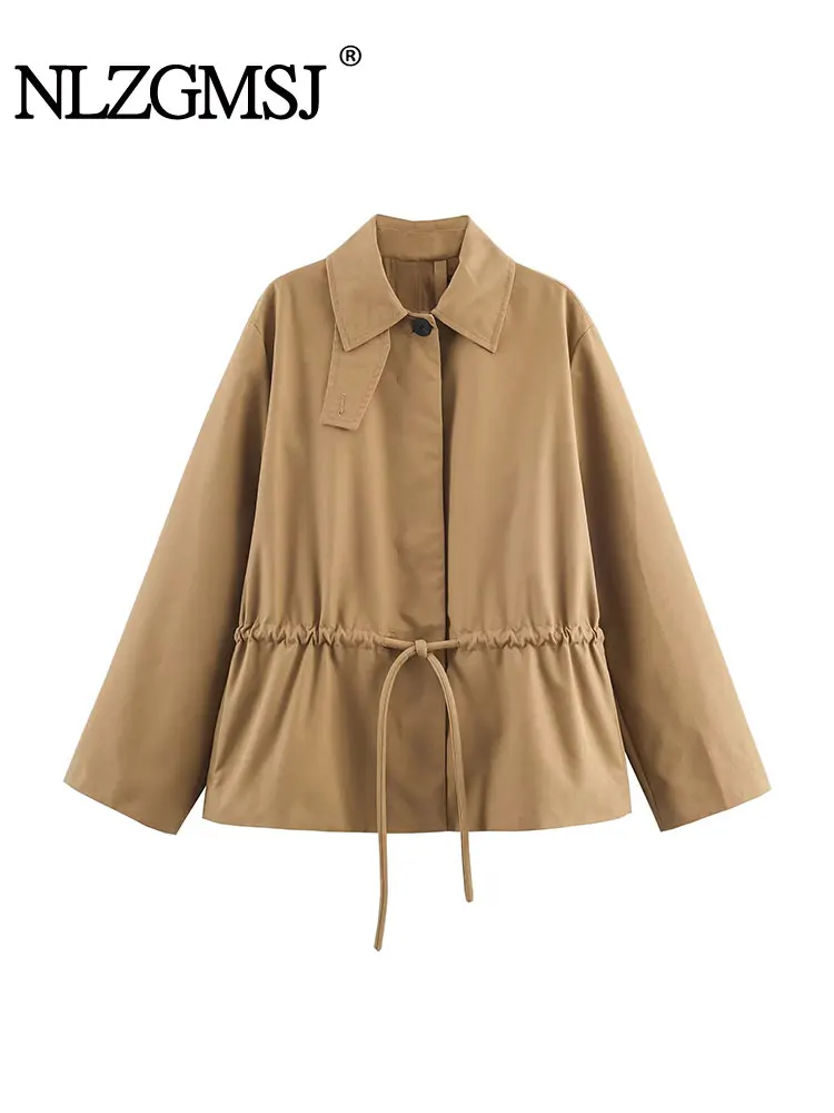 

NLZGMSJ Vintage Casual Chic Solid Jackets Women Lace Up Turn-down Collar Long Sleeve Loose Coats New Fashion 2025 Autumn Outwear