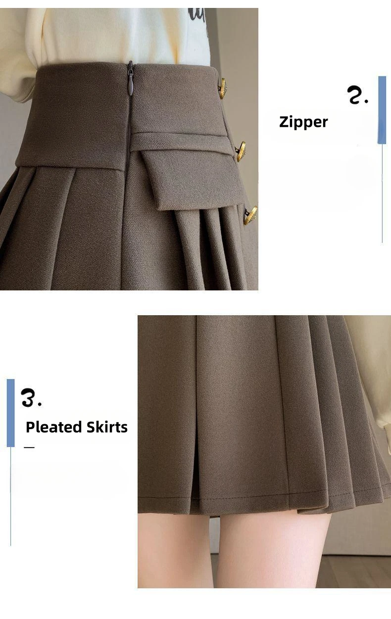 Tweed Geplooide Rok Korte Herfst Winter Half-Body Rok Hoge Taille Dubbele Rij Knopen Mode A-Woord Korte Rok Vrouwen Met Laarzen