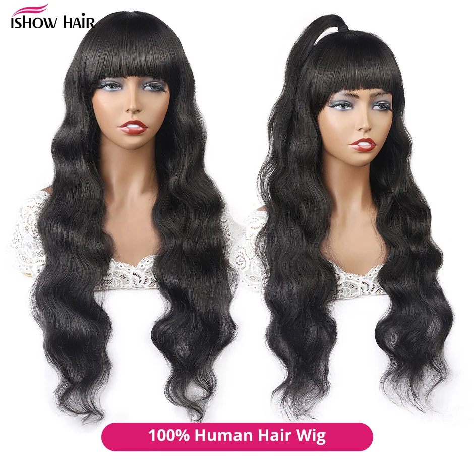 Ishow شعر مستعار مموج مع بانج آلة كاملة صنع خصلات الشعر المستعار الإنسان رخيصة غلويليس الباروكات 100% خصلات الشعر المستعار الإنسان البرازيلي للنساء