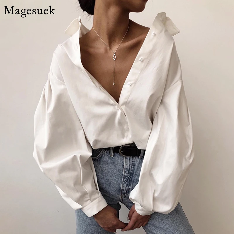 Women Vintage Sexy Button White Blouse Casual Lantern Sleeve Oversized Loose Women Shirt Cotton Office Ladies Tops Blusas 10903