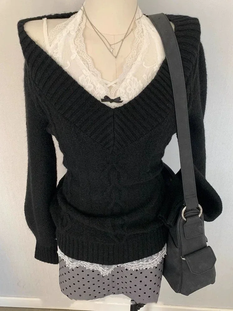 Fashion Simple V-neck Black Slim Waist Sweaters Mujer 2024 Autumn New Lace Tops Women Y2k Long Sleeve Knitted Pullover