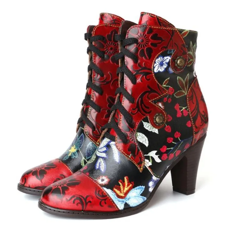 

8cm New Colorful Genuine Leather Embroidery Silk Metal Decoration Ethnic Ankle Boots Winter ZIP Warm Women Big Size Shoes