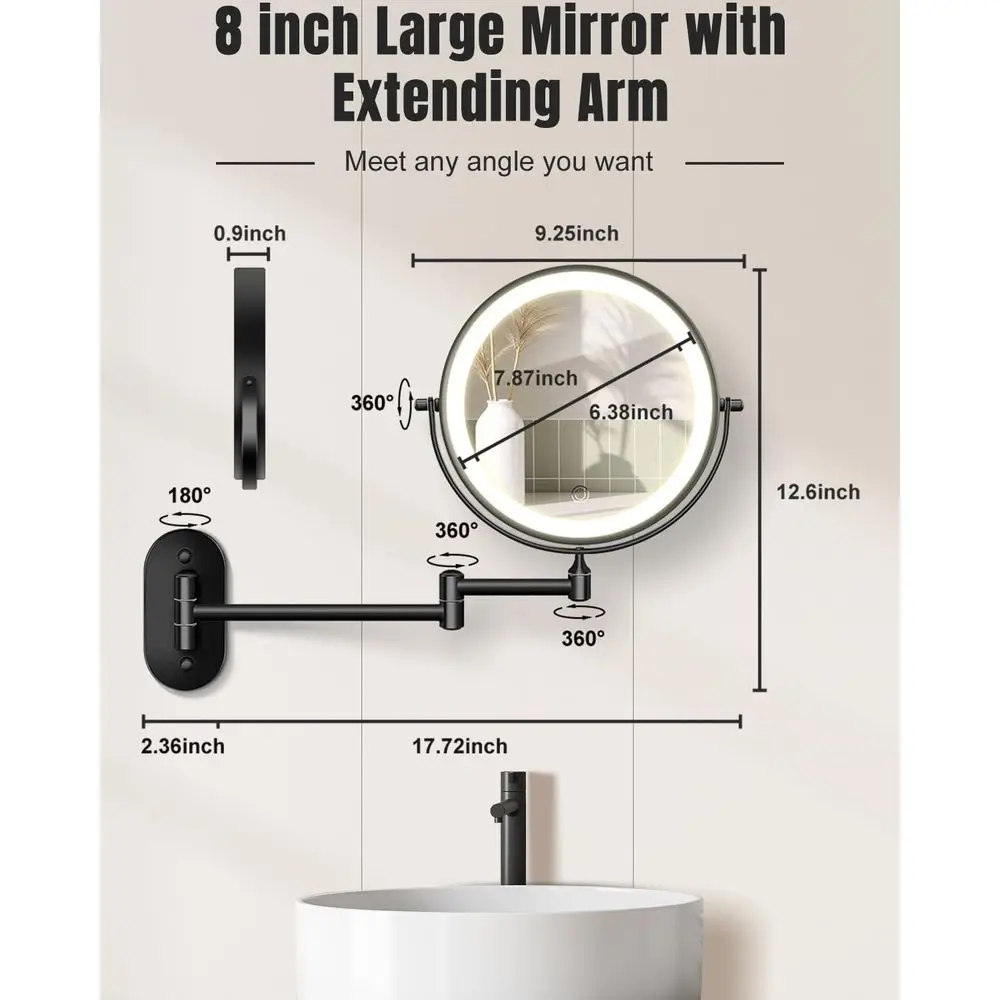 8 doppelseitiger, mit LED beleuchteter Schminkspiegel mit Touch-Dimmung, 360° °   Dreharm und 3 Farbtemperaturen