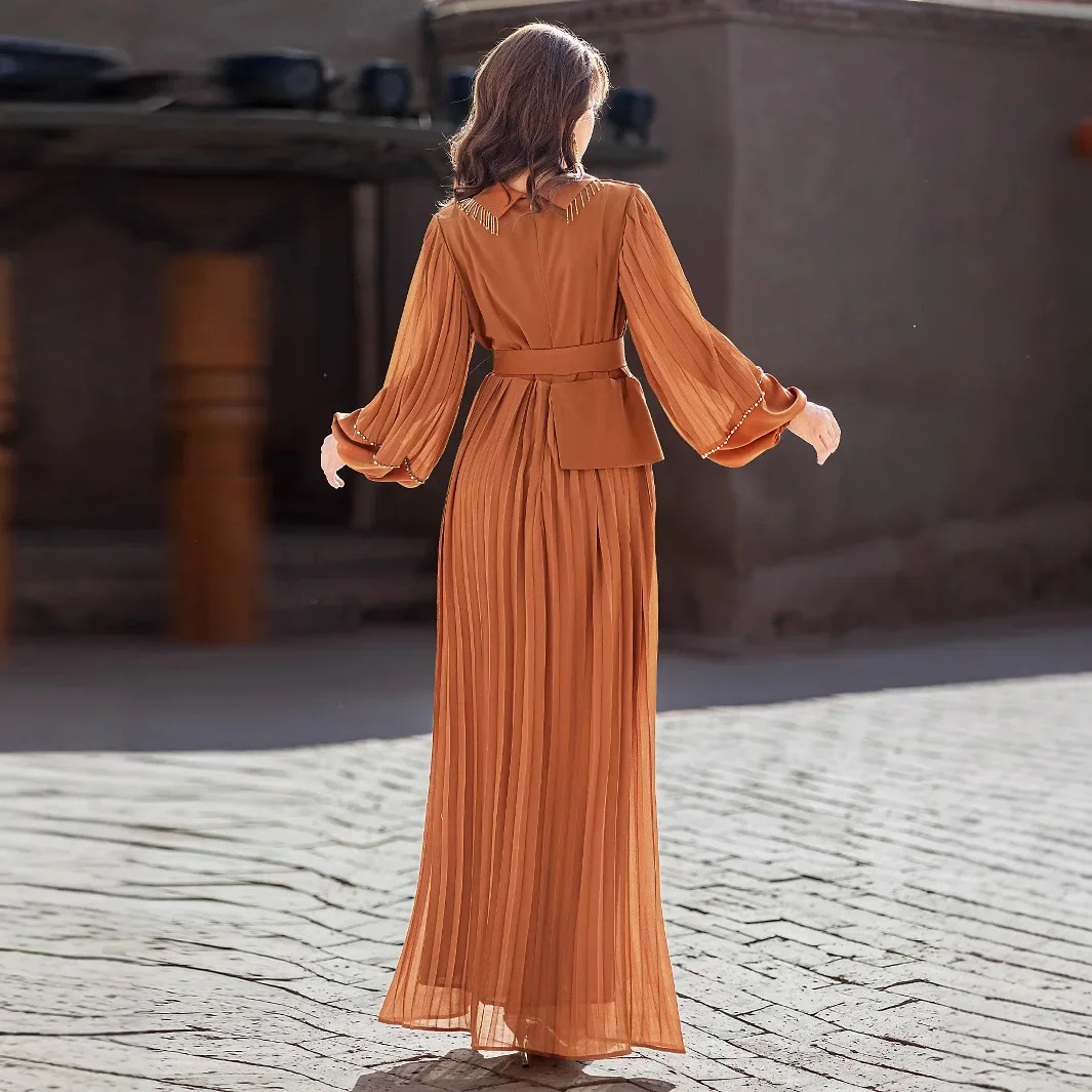 Luxo dubai abaya feminino muçulmano plissado diamantes maxi vestido turquia kaftan eid mubarak djellaba ramadan marrocos caftan femme robe