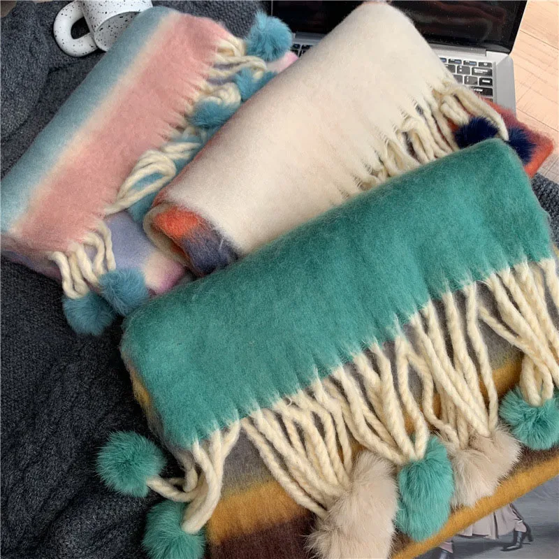 Korea Real Rabbit Fur Ball Warm Dopamine Scarf Soft Stripe Long Shawl Female Colorfur Thermal Y2K Scarf Girls Teen Muffler