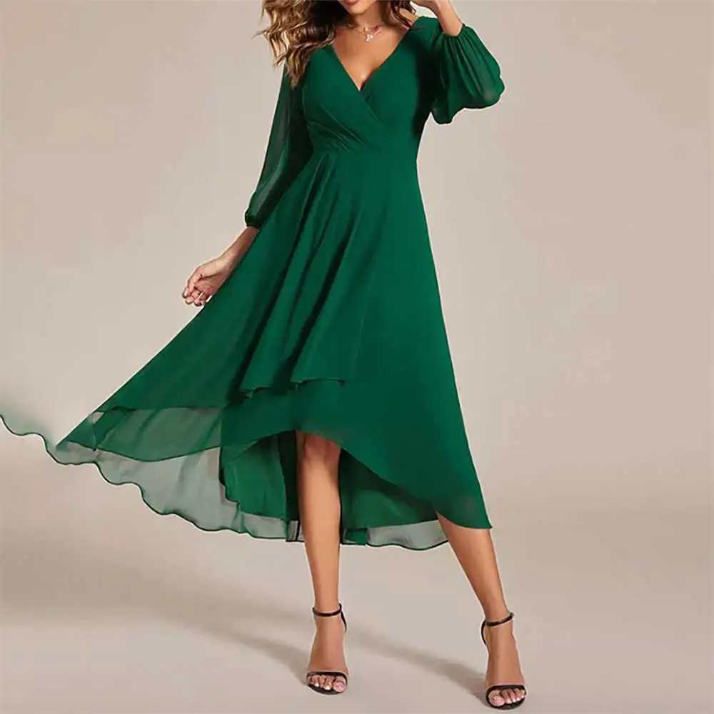 Vestido de noche elegante con cuello en V, vestido de fiesta de graduación de gasa con dobladillo alto y bajo, vestido plisado para cóctel, dama de honor, vestido de invitados de boda 2025