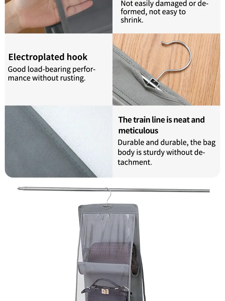 6 Pocket Hanging Handbag Organizer For Wardrobe Closet Gray Waterproof Storage Bag Door Wall Clear Sundry Bag With Hanger Pouch