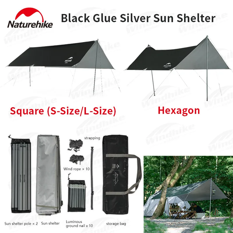 Naturehike 4x3m/5x3m Portable Black Glue Silver Sun Shelter UV Protection 4-6 Persons Camping Picnic Party Awning Tent PU2000+