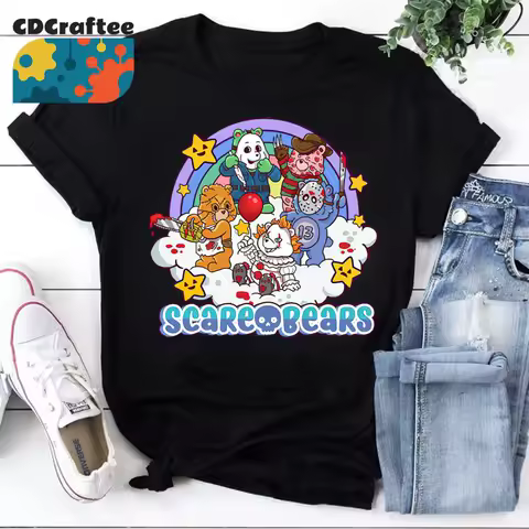 Scary Care Scare Bears Funny Halloween Horror Faces T Shirt Movie Characters Vintage