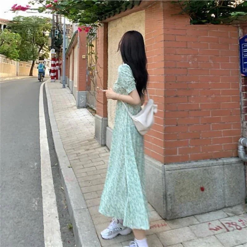 Sweet Dress Women Summer Floral Elegant Mid-calf Draped Trendy Leisure Empire Green Girls Female Comfort Ulzzang Vintage Loose