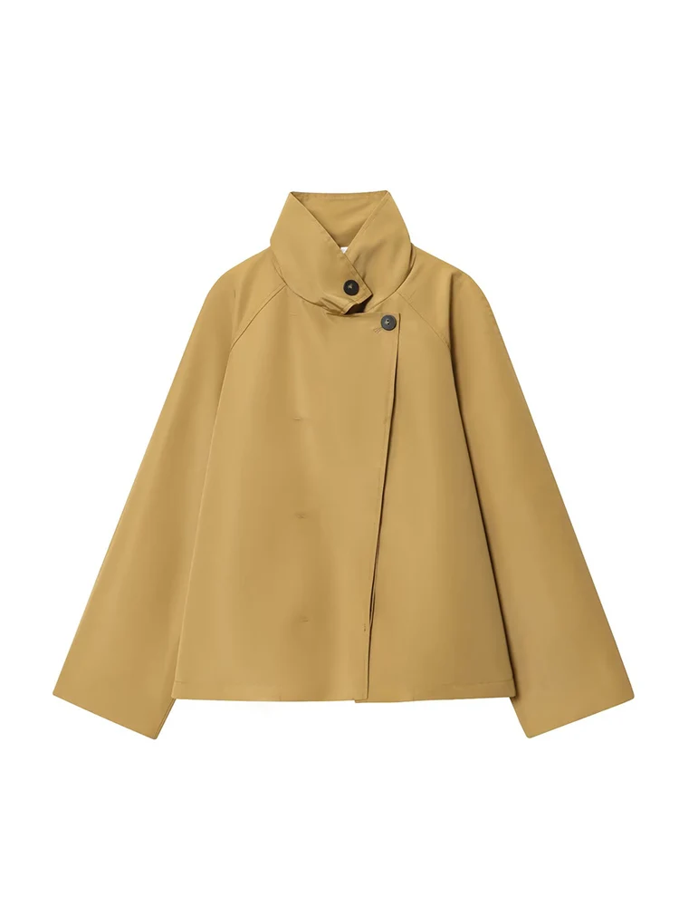 

Новая женская мода в европейском стиле, универсальный темперамент, однотонная короткая ветровка с воротником-стойкой и длинными рукавами