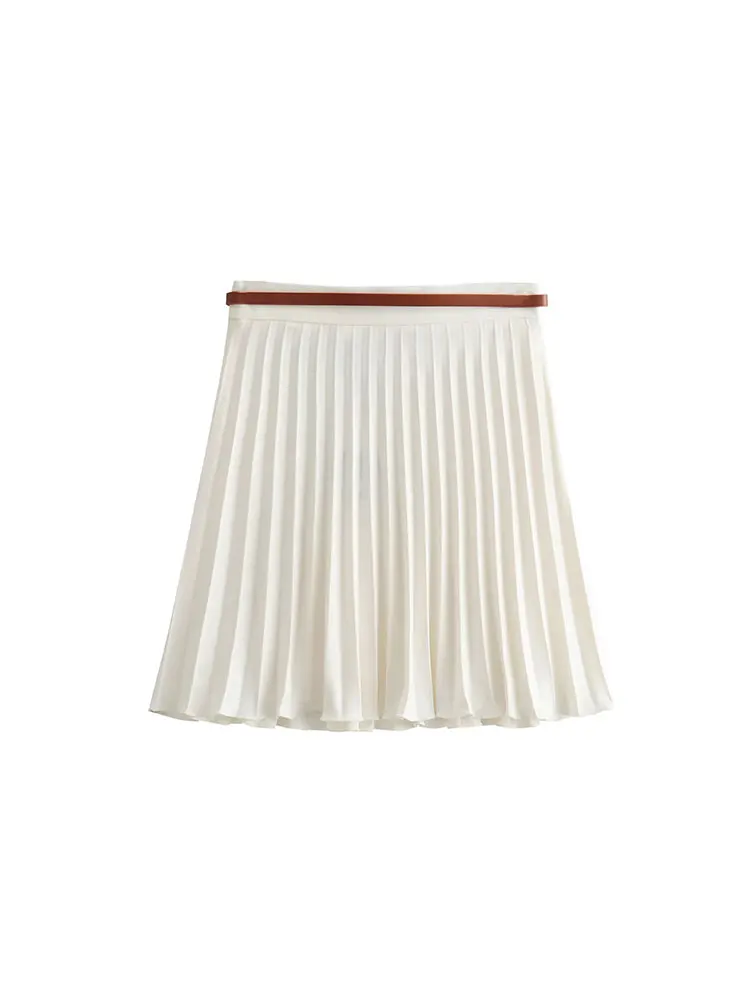 TRAF 2024 Mini Pleated Skirt For Women Fashion Belt High Waist Solid Casual Versatile A-line Skirts Female New Short Skirt