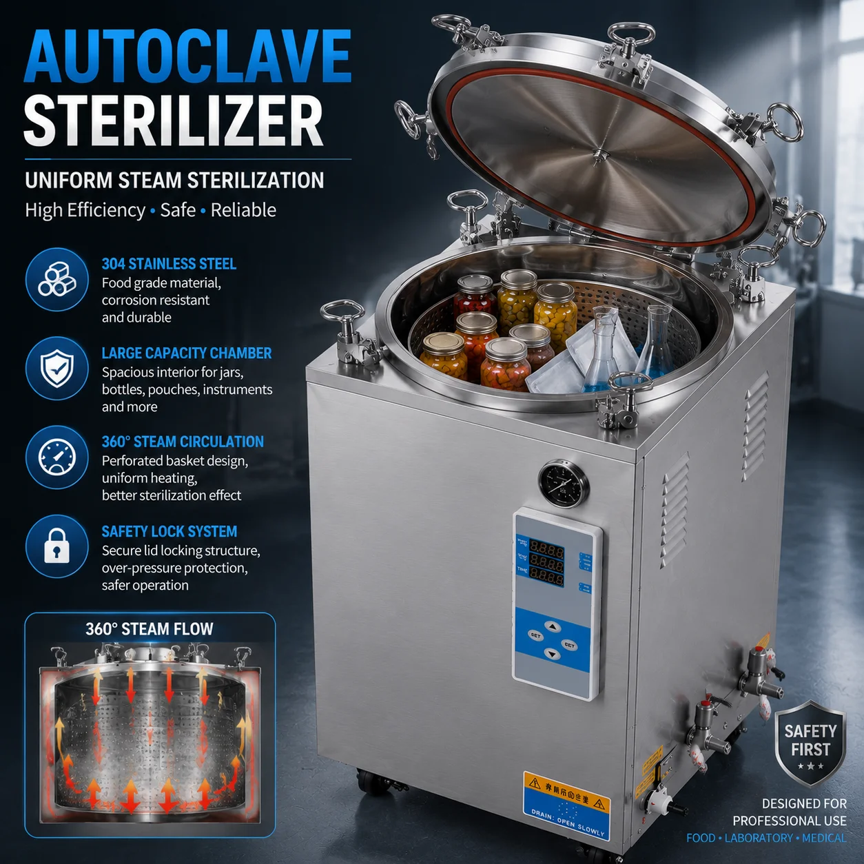 Electric Vertical High Pressure Autoclave Food Retort Vessel Sterilization System for Jars Bottles 50L 100L
