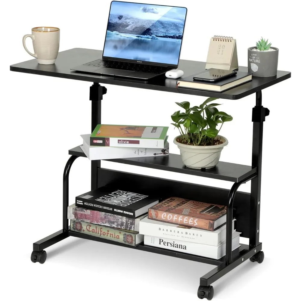 

Portable Rolling Desk on Wheels Adjustable Height Desks for Small Spaces, 32" Computer Desk with Storage Shelves for Home Office