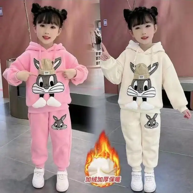 Autumn and Winter Girls' New Cat Decal Cartoon Cute Plus Velvet Thick Fashion Warm Hoodie Two Piece Set for 2-12 Years