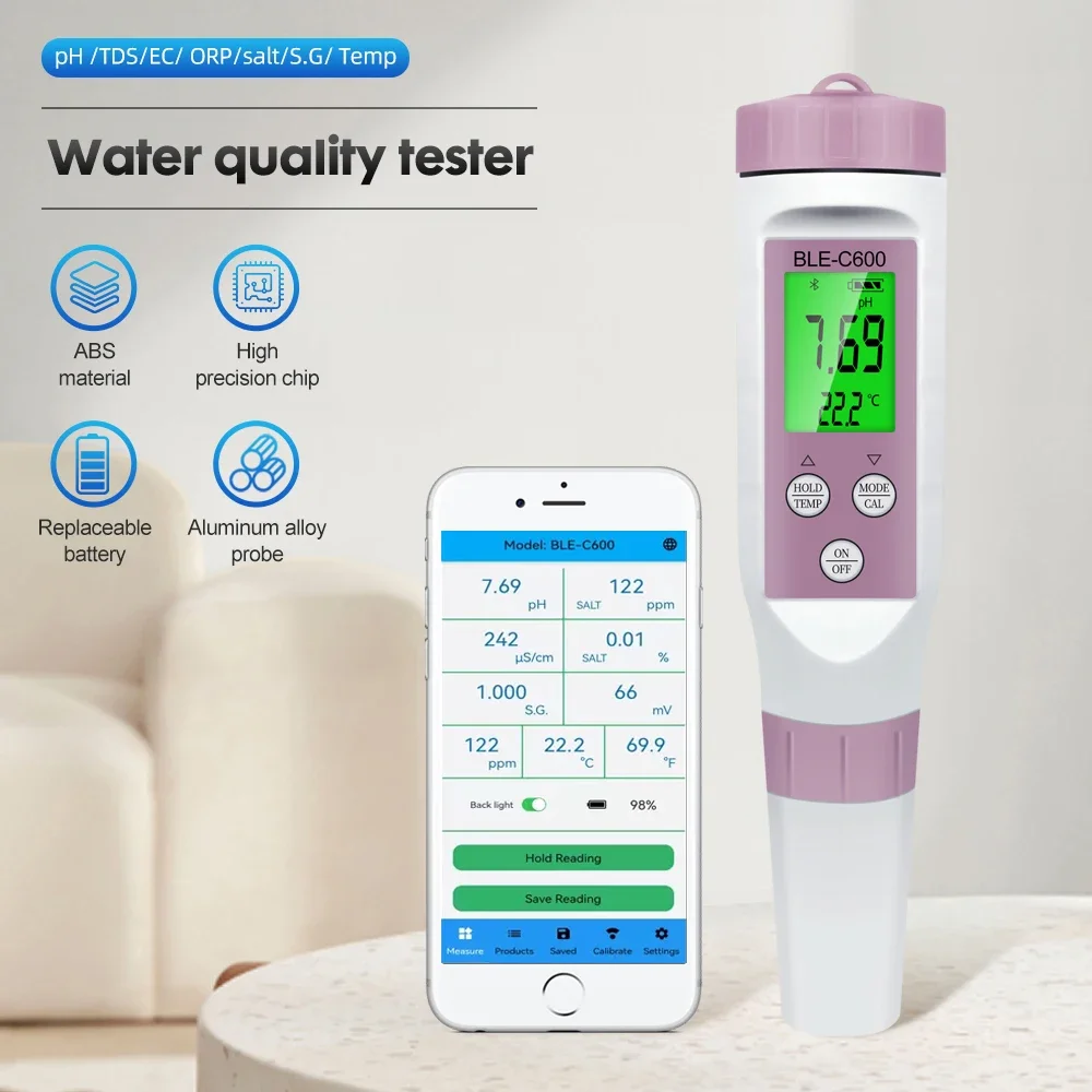 Wasserqualitätstester 7-in-1 pH TDS EC ORP Salzgehalt S.G Temperatur PH-Messgerät für Trinkwasseraquarien