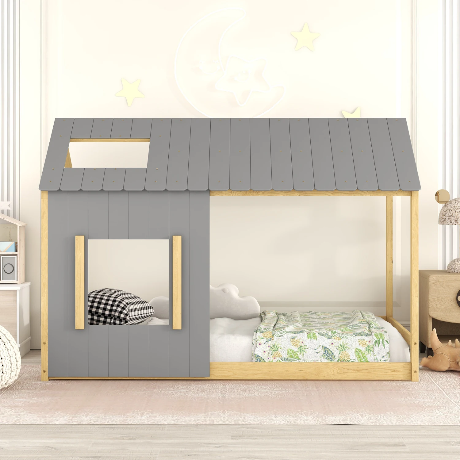 

Twin Size House Bed with Roof and Window - Gray+Natural